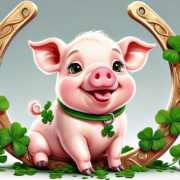 Glücksschweinchen mit Hufeisen und Glücksklee