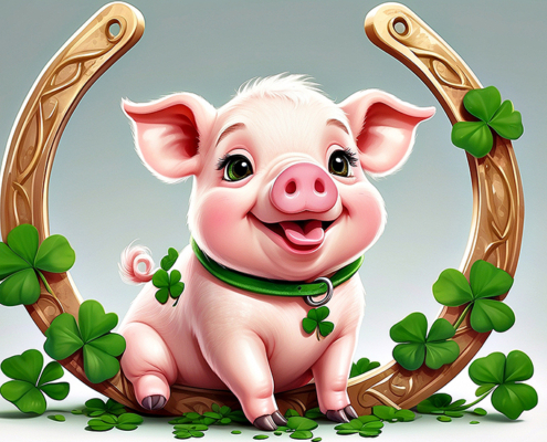 Glücksschweinchen mit Hufeisen und Glücksklee